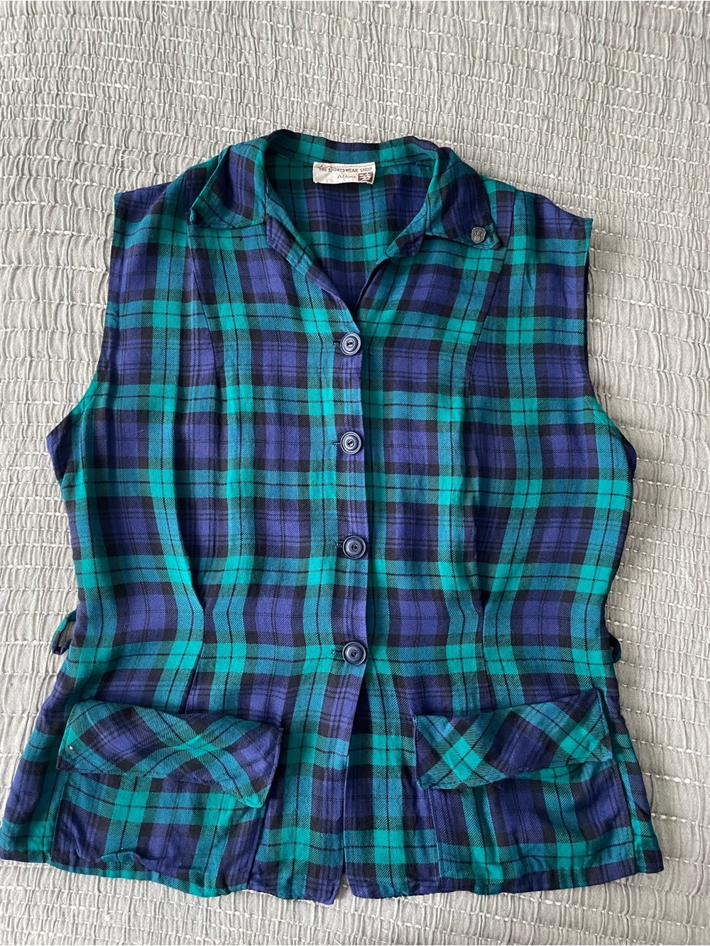 Vintage Green/Blue Plaid Sleeveless Button Up Top